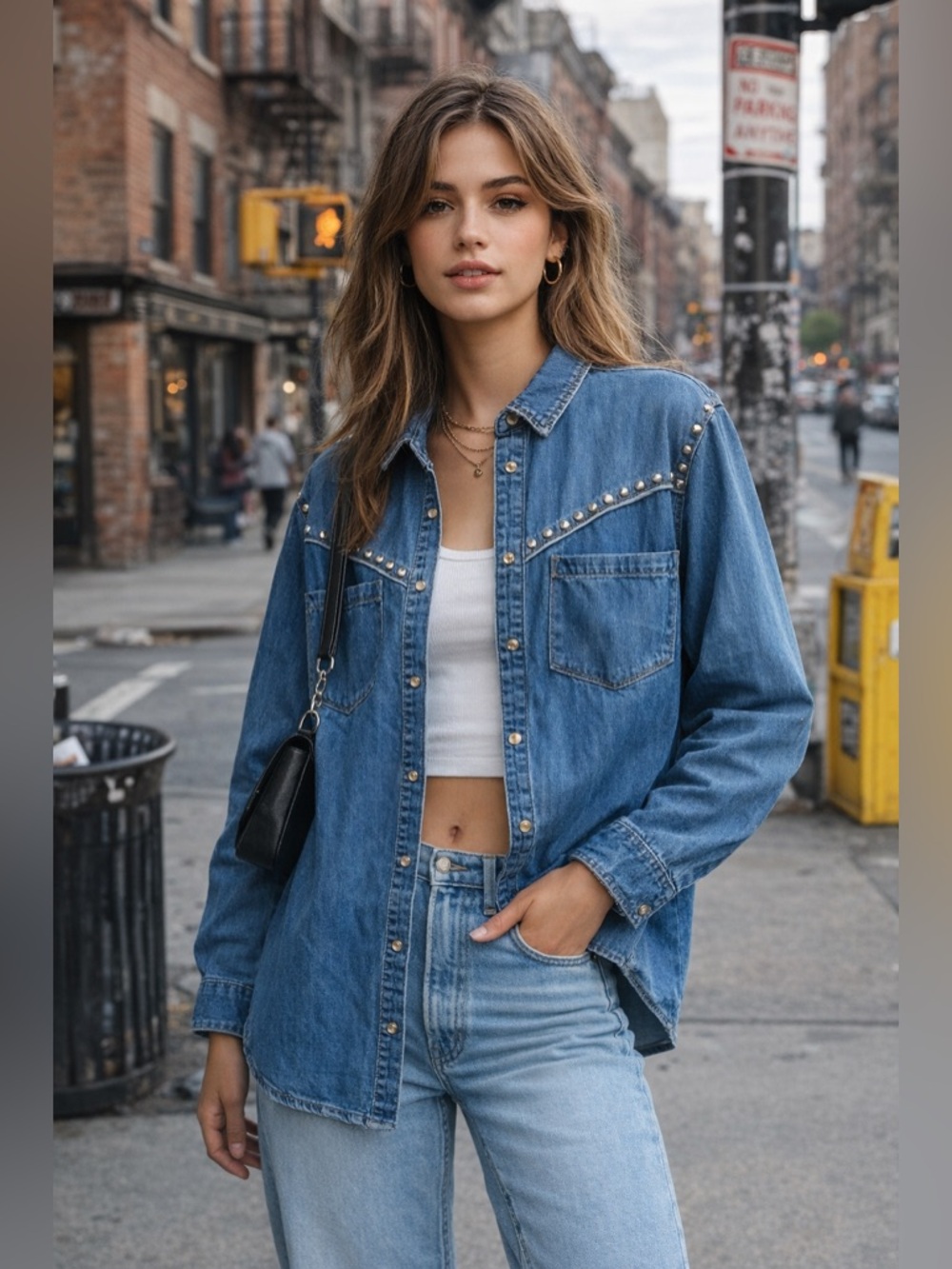 Zara denim shirt vintage style Contrasting Stud Appliqué Med VGC worn once